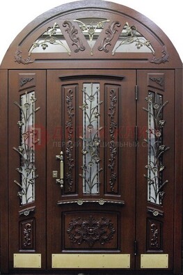 Железная арочная дверь со стеклом и ковкой ДА-31 для кирпичного дома Кириши