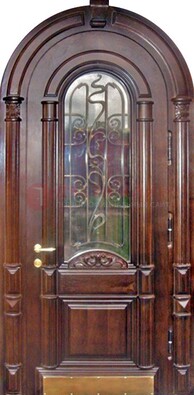 Арочная металлическая дверь массив со стеклом и ковкой ДА-50 Кириши