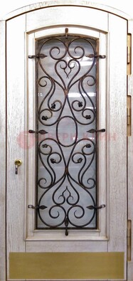Железная дверь Винорит в форме арки со стеклом и ковкой ДА-53 Кириши