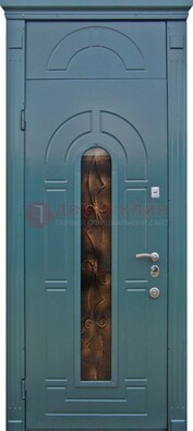 Синяя входная дверь Винорит стекло и ковка с фрамугой ДФГ-32 Кириши