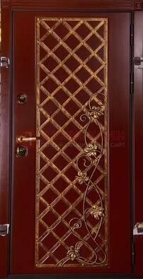 Бордовая металлическая дверь с ковкой ДК-10 для квартиры Кириши
