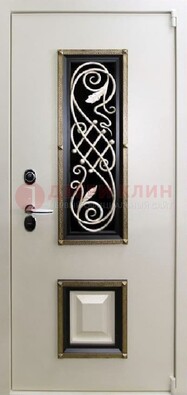 Белая стальная дверь с ковкой со стеклопакетом и МДФ ДК-30 Кириши