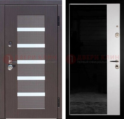 Железная коричневая дверь МДФ с темной стеклянной вставкой внутри ДМ-315 Кириши