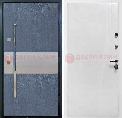 Синяя входная дверь МДФ с серебряной вставкой ДМ-330 Кириши