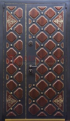 Тёмная двухстворчатая входная дверь для улицы с МДФ ДМ-531 Кириши