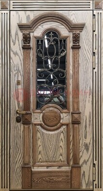 Железная дверь с массивом дуба со стеклом и ковкой ДМД-47 Кириши