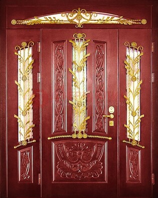 Бордовая железная парадная дверь со стеклом и ковкой ДПР-75 Кириши