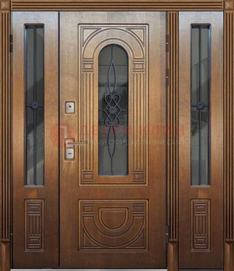Коричневая стальная парадная дверь с фрамугой ДПР-84 Кириши