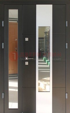 Темная полуторная стальная дверь со стеклом ДС-10 Кириши