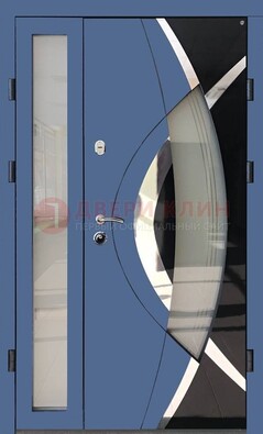 Синяя металлическая дверь со стеклом и узором ДС-13 Кириши
