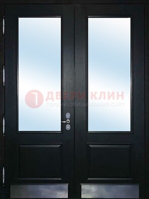 Черная двухстворчатая металлическая дверь со стеклом ДС-25 Кириши