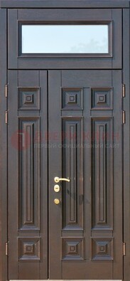 Коричневая двухстворчатая металлическая дверь со стеклом ДС-62 Кириши