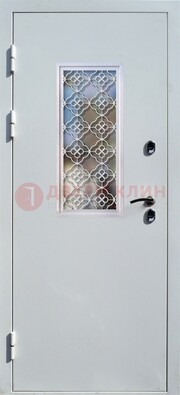 Серая металлическая дверь со стеклом и ковкой ДС-75 Кириши