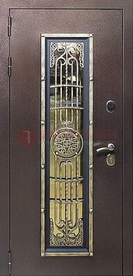 Железная дверь цвета медный антик со стеклом и ковкой ДСК-105 Кириши