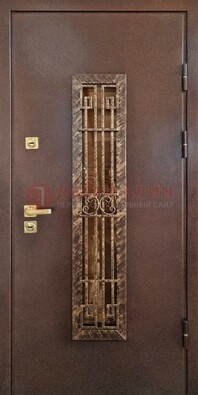 Металлическая дверь с порошковым напылением со стеклом и ковкой ДСК-110 Кириши