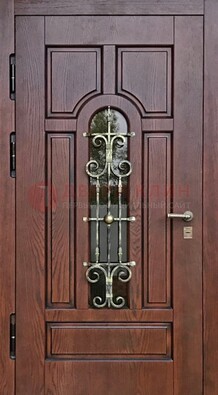 Cтальная дверь со стеклом и ковкой в коричневом цвете ДСК-119 Кириши