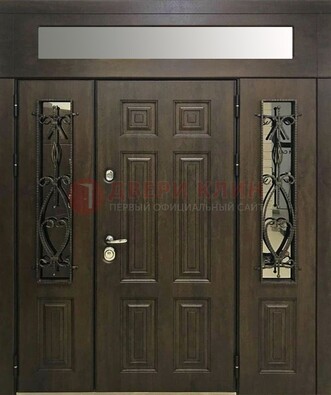 Коричневая распашная железная дверь со стеклом ковкой ДСК-132 Кириши