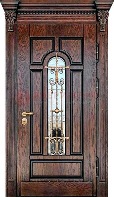 Темная входная дверь со стеклом и ковкой для коттеджа ДСК-138 Кириши