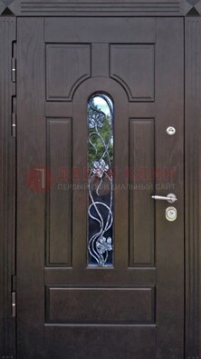 Металлическая дверь со стеклом и ковкой в цвете венге ДСК-142 Кириши
