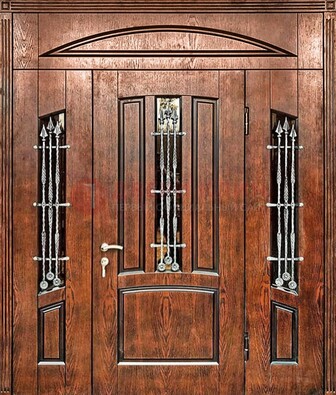 Стальная дверь со стеклом и ковкой с фрамугами ДСК-149 коричневая Кириши