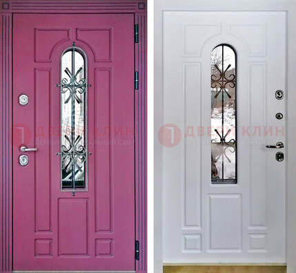 Розовая металлическая дверь со стеклом и ковкой ДСК-151 Кириши