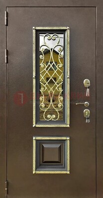 Входная дверь порошок со стеклом и ковкой для коттеджа ДСК-166 Кириши