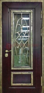 Темная уличная дверь порошок со стеклом и ковкой ДСК-167 Кириши