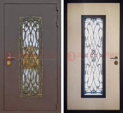 Уличная дверь порошок со стеклом и ковкой ДСК-168 коричневая Кириши