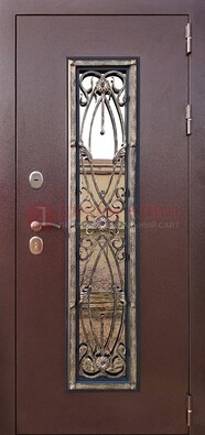 Коричневая стальная дверь порошок со стеклом и ковкой для дома ДСК-169 Кириши