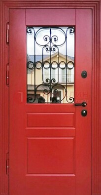 Красная железная дверь Винорит со стеклом и ковкой ДСК-205 Кириши