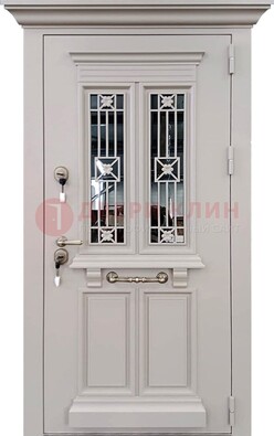 Белая уличная дверь со стеклом и ковкой ДСК-206 Кириши