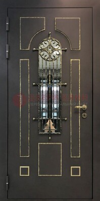 Темная входная дверь Винорит со стеклом и ковкой ДСК-211 Кириши