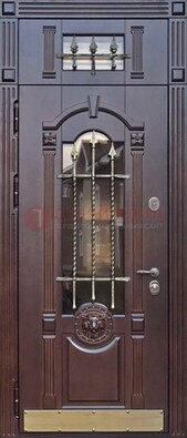 Металлическая дверь массив со стеклом и ковкой с фрамугой ДСК-249 Кириши