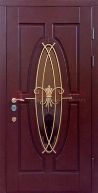 Бордовая стальная дверь Винорит со стеклом и ковкой ДСК-263 Кириши