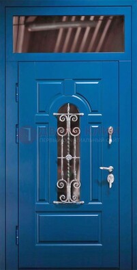 Синяя железная филенчатая дверь со стеклом и ковкой ДСК-97 Кириши