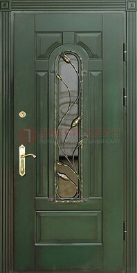 Железная дверь со стеклом и ковкой ДСК-9 для офиса Кириши