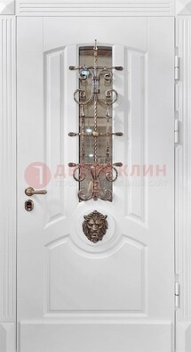 Белая металлическая дверь с виноритом и стеклом с ковкой ДВТ-165 Кириши