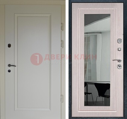 Стальная светлая дверь c МДФ Белый дуб с зеркалом ДЗ-102 Кириши