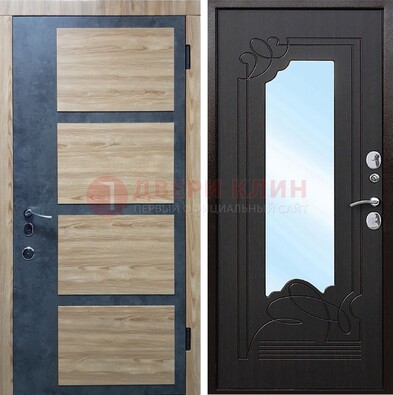 Светлая металлическая дверь c фрезерованной МДФ с зеркалом ДЗ-103 Кириши