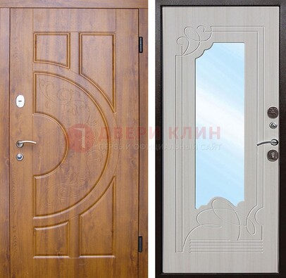Коричневая металлическая дверь c МДФ с узором и зеркалом ДЗ-105 Кириши