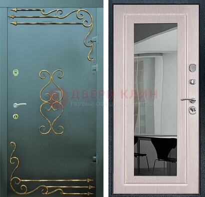 Железная дверь c порошковым напылением и МДФ Белый дуб с зеркалом ДЗ-110 Кириши