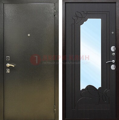 Железная темная дверь c порошковым напылением и МДФ с узором и зеркалом ДЗ-111 в Звенигороде
