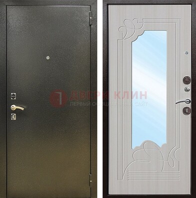 Входная темно-серая дверь c порошковым покрытием и МДФ с резьбой и зеркалом ДЗ-113 Кириши