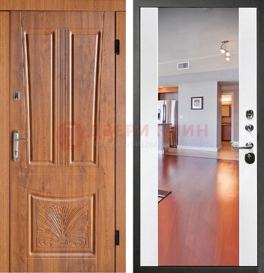 Входная коричневая дверь терморазрыв c виноритом и белая МДФ c зеркалом ДЗ-123 Кириши