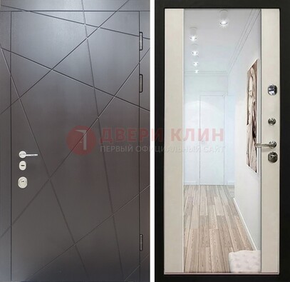 Железная коричневая дверь со светлой МДФ внутри и зеркалом ДЗ-125 Кириши