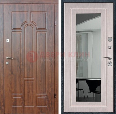 Входная коричневая дверь с МДФ Белый дуб и зеркалом ДЗ-126 Кириши