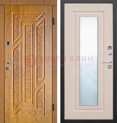 Коричневая железная дверь с зеркалом МДФ Белый дуб ДЗ-128 Кириши