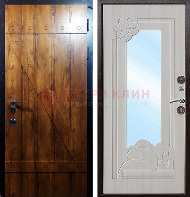 Коричневая входная дверь с зеркалом МДФ с узором ДЗ-129 Кириши