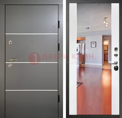 Темная коричневая входная дверь с зеркалом МДФ белая внутри ДЗ-131 Кириши
