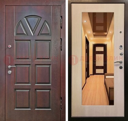 Темная железная дверь с МДФ и зеркалом в квартиру ДЗ-135 Кириши